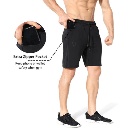 Mens Gym Workout Shorts,Hidden Zip Cotton Running Athletic Shorts for Men with Pockets (Medium,Black)