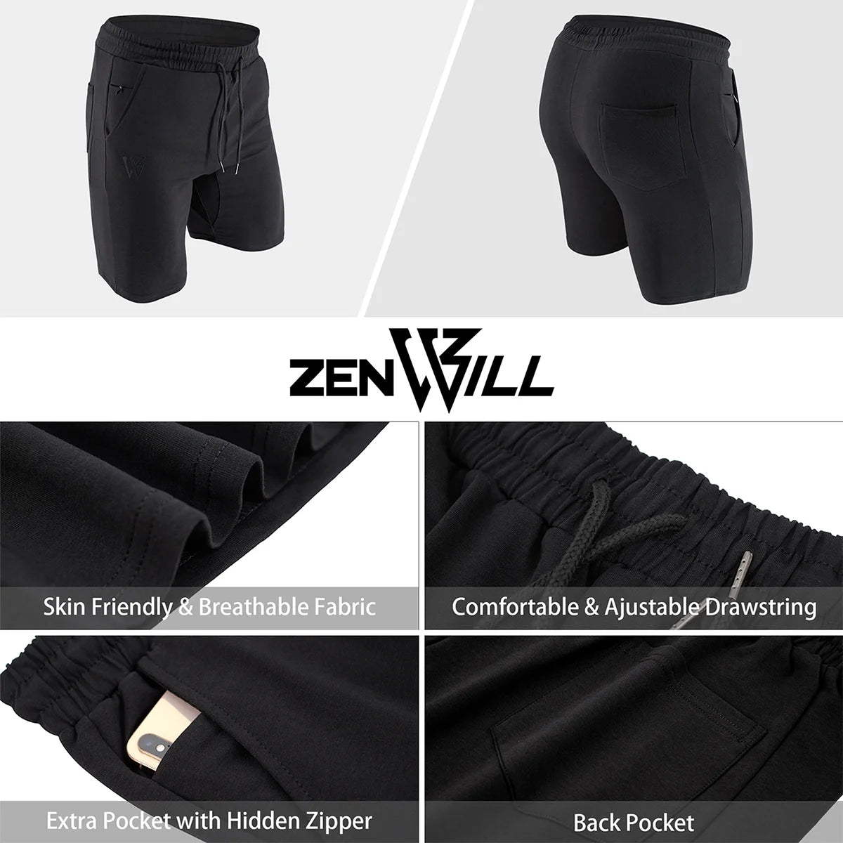 Mens Gym Workout Shorts,Hidden Zip Cotton Running Athletic Shorts for Men with Pockets (Medium,Black)