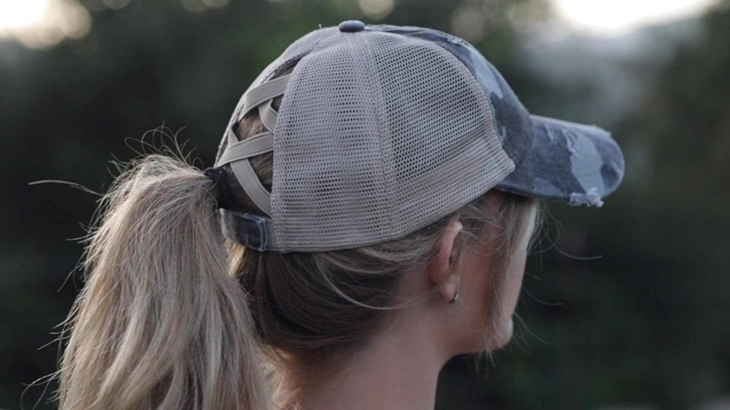 Criss Cross Hat Womens Baseball Cap Distressed Ponytail Messy Bun Trucker Ponycap