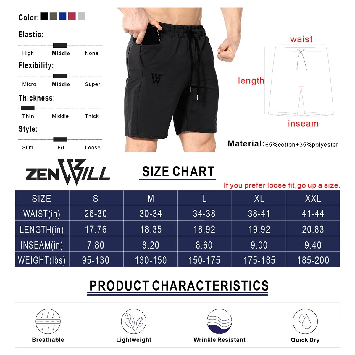 Mens Gym Workout Shorts,Hidden Zip Cotton Running Athletic Shorts for Men with Pockets (Medium,Black)