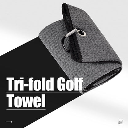 Tri-Fold Golf Towel | Premium Microfiber Fabric | Waffle Pattern | with Heavy Duty Carabiner Clip | Golf Towel for Men and Women (Dark Graygolf Towel)