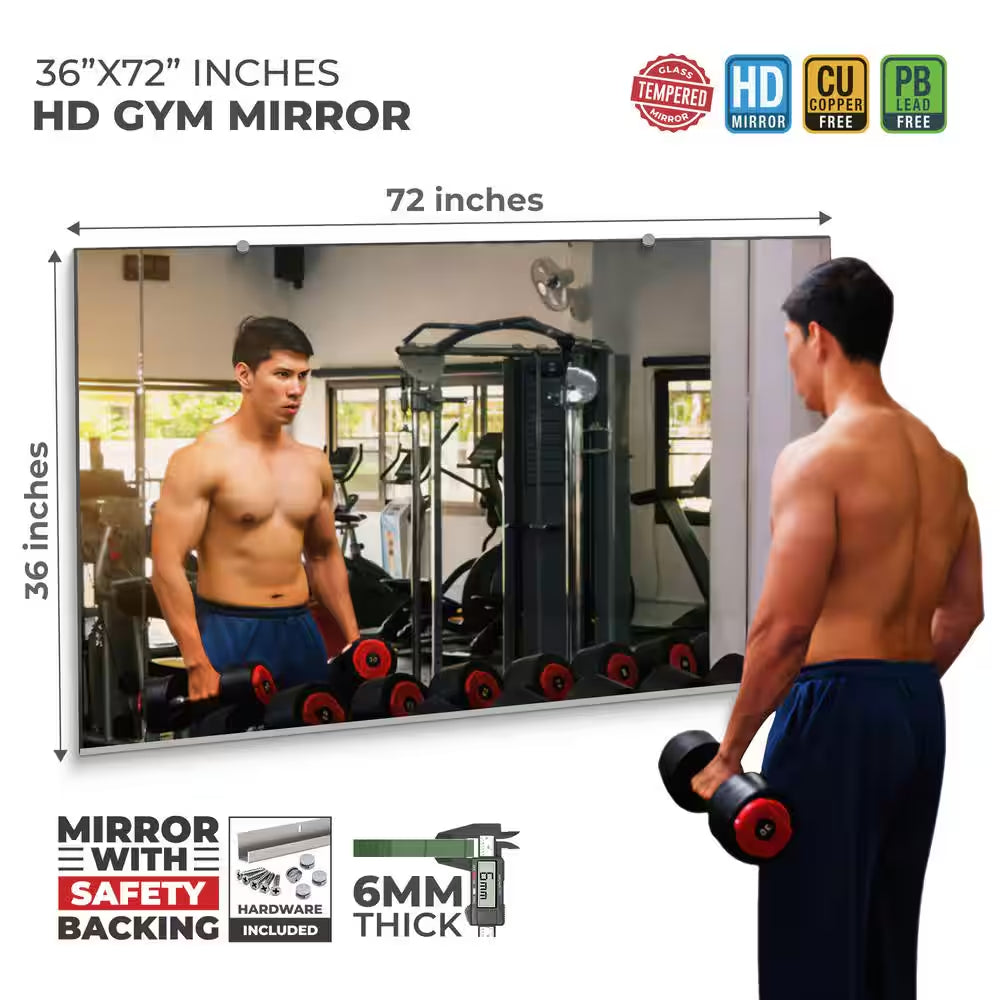 HD Gym Mirror 1/4 In. Thick 36 In. W X 72 In. H Tempered Glass, Safety-Backed, Free Hardware Included