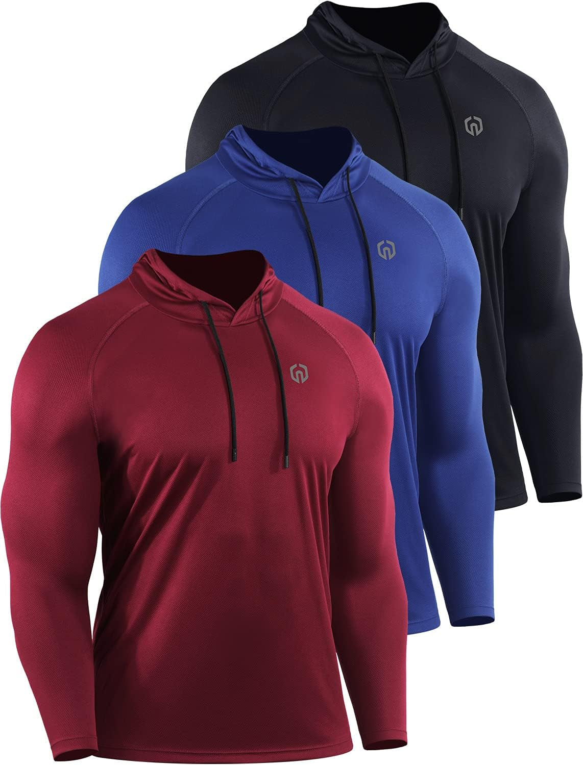 Men'S 3 Pack Mesh Running Shirt Long Sleeve Workout Athletic Shirts with Hoods,5095,Black/Red/Blue,L